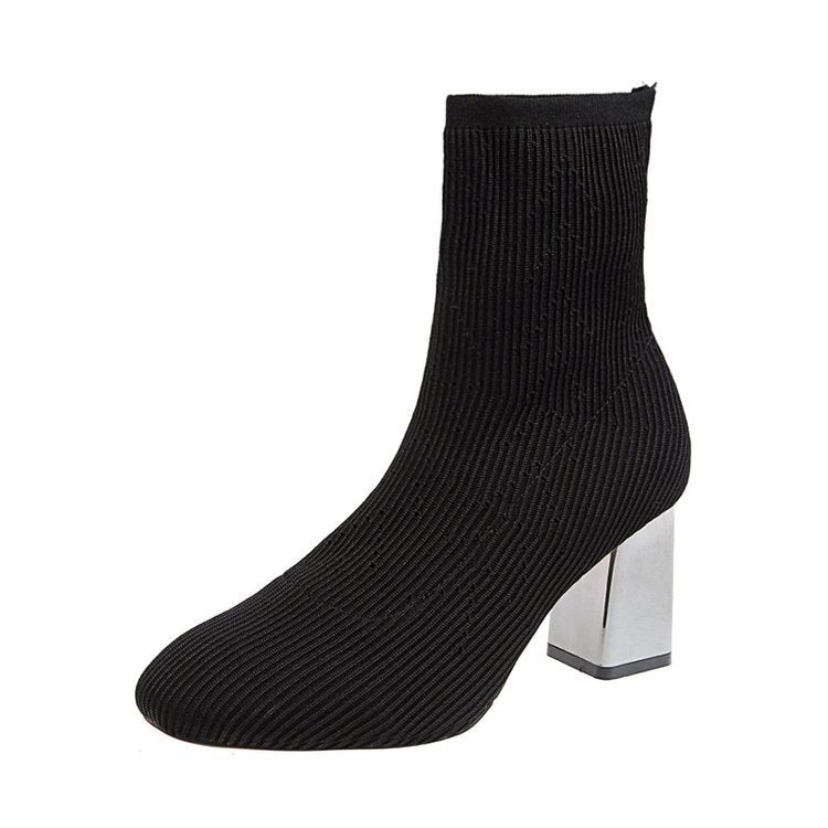 Martin Boots Women's black wool stretch sock boots with high chunky heel and square toe
