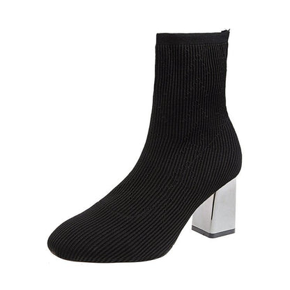 Martin Boots Women's black wool stretch sock boots with high chunky heel and square toe