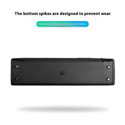 Bottom view of men's business handheld notebook briefcase with protective spikes to prevent wear and dirt on elegant black Oxford cloth material