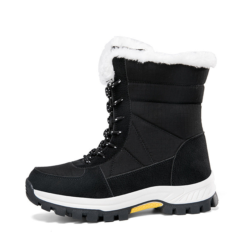Black cotton-padded waterproof non-slip mid-calf snow boot with white fur lining and rubber sole