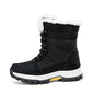 Black cotton-padded waterproof non-slip mid-calf snow boot with white fur lining and rubber sole