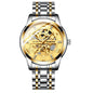 Men's automatic mechanical watch with gold and silver stainless steel band and luminous skeleton dial