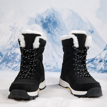 Black cotton-padded snow boots with faux fur lining, waterproof and non-slip for outdoor winter use.