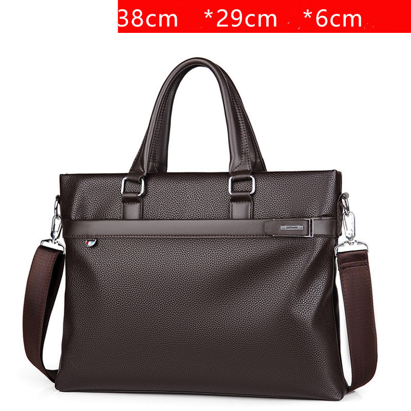 Large capacity men's soft leather business handbag briefcase with handles and shoulder strap in dark brown