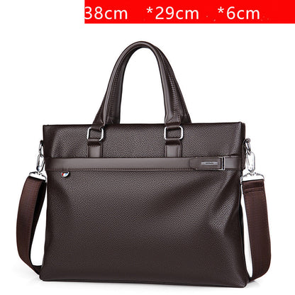 Large capacity men's soft leather business handbag briefcase with handles and shoulder strap in dark brown