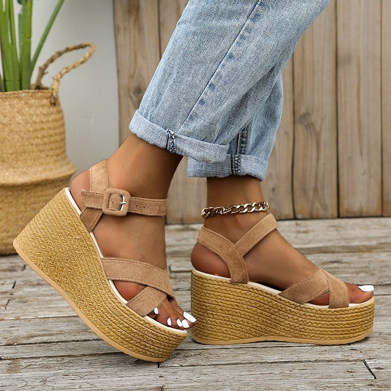 Women's platform suede sandals in khaki with buckle strap and woven wedge heel