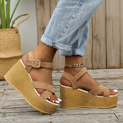 Women's platform suede sandals in khaki with buckle strap and woven wedge heel