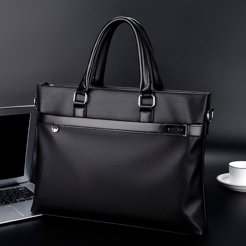 Large capacity black soft leather business handbag briefcase with dual handles and zipper closure