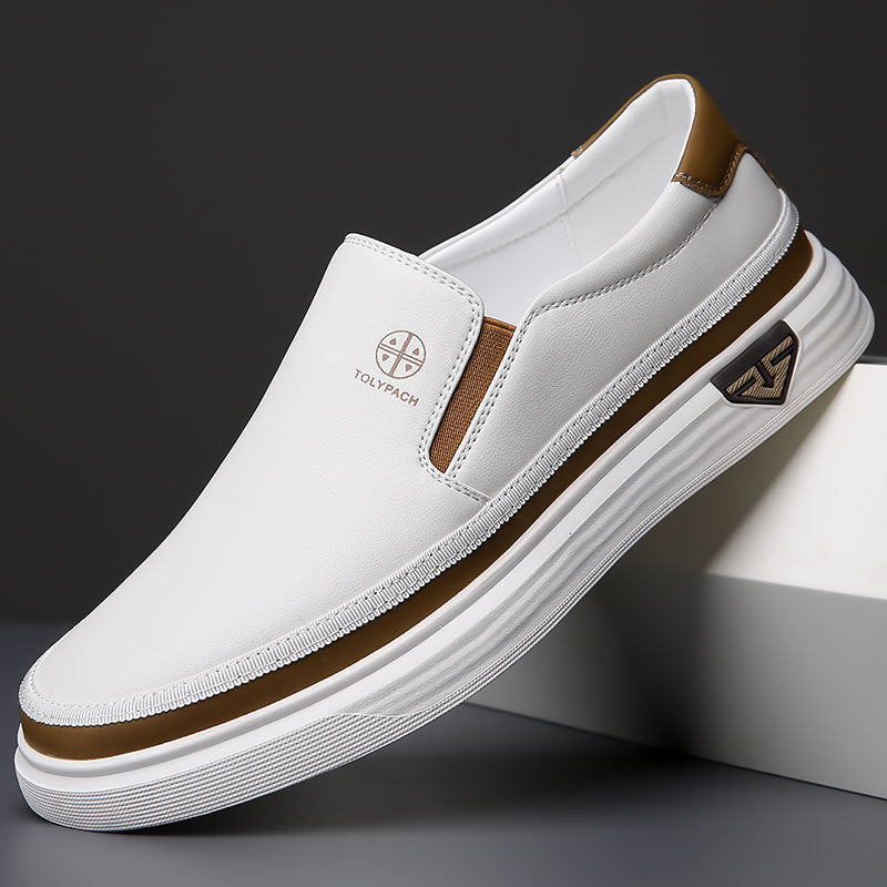 White and brown lazy slip on men's casual leather shoe with rubber sole and low heel design