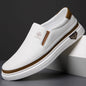 White and brown lazy slip on men's casual leather shoe with rubber sole and low heel design