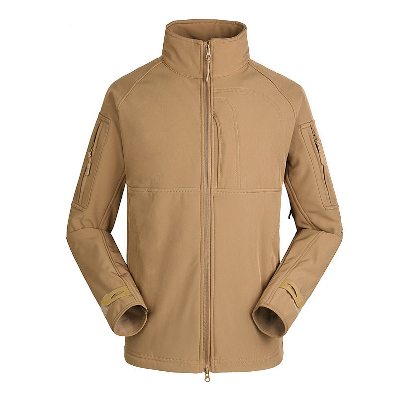 Men's khaki outdoor jacket coat with stand collar and zippered pockets on sleeves