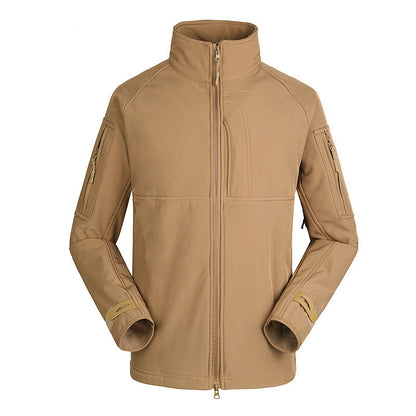 Men's khaki outdoor jacket coat with stand collar and zippered pockets on sleeves