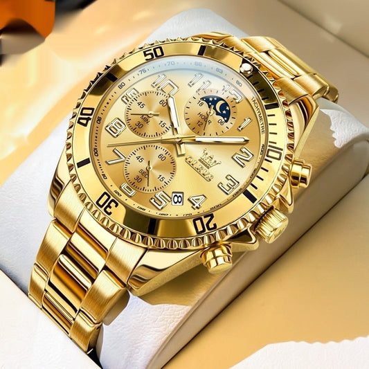 Gold multi-function men's sports watch with metal band and chronograph features