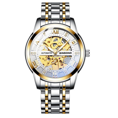 Men's automatic mechanical watch with luminous gold and silver stainless steel band and skeleton dial