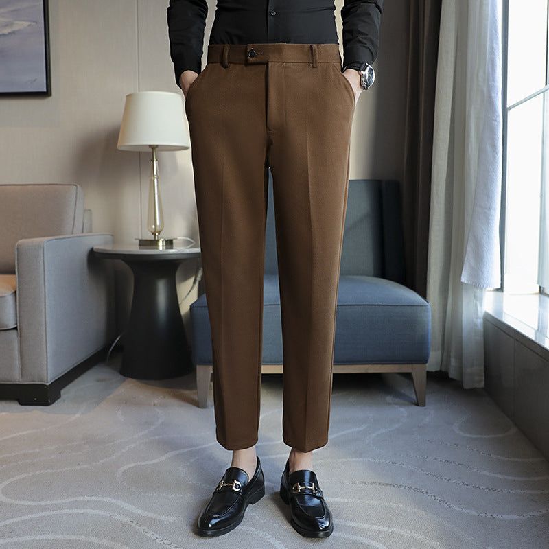Men's straight retro brown elastic slim fit casual pants in corduroy fabric, styled for light business wear