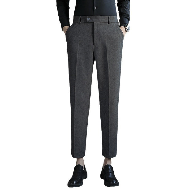 Straight retro brown slim fit casual pants with elastic waist, made from corduroy polyester fabric.