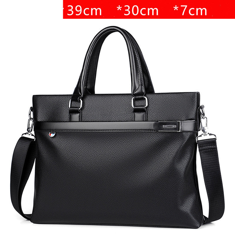 Large capacity black soft leather business handbag with handles and detachable shoulder strap, zipper closure, suitable for 14-inch laptop.