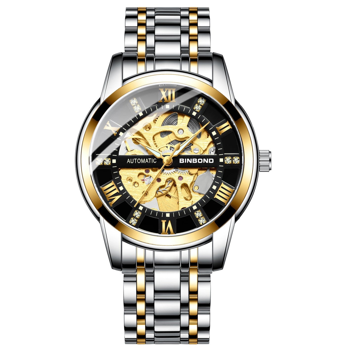 Men's automatic mechanical watch with black and gold skeleton dial and stainless steel two-tone band