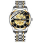 Men's automatic mechanical watch with black and gold skeleton dial and stainless steel two-tone band