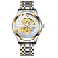 Men's automatic mechanical watch with luminous gold and silver metal band and skeleton dial design