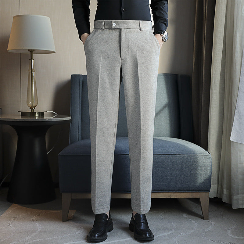 Straight retro brown slim fit corduroy casual pants for men with elastic waist and straight cut.