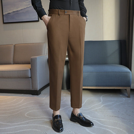 Men's straight retro brown elastic slim fit casual corduroy pants in light business style