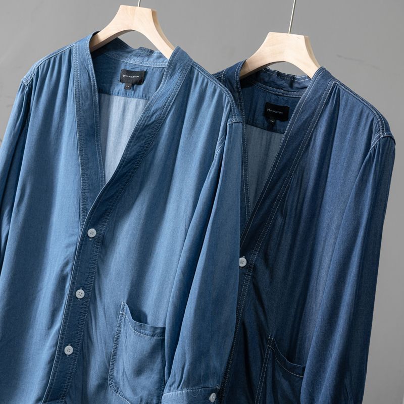 Three-quarter Sleeve Men Casual Denim Coat with V-neck
