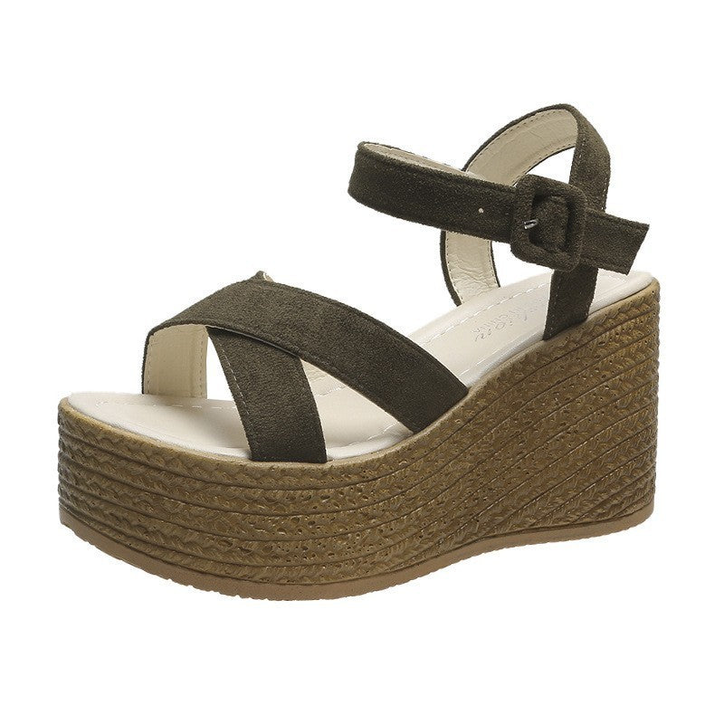 Women's platform suede sandals in army green with buckle strap and fish mouth toe design