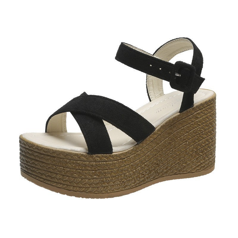 Women's black platform suede sandals with ankle buckle and woven wedge sole