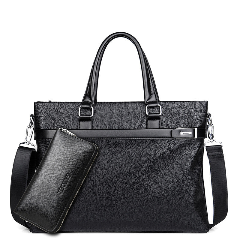 Large capacity black soft leather business briefcase with detachable shoulder strap and matching wallet.