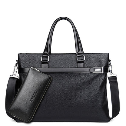 Large capacity black soft leather business briefcase with detachable shoulder strap and matching wallet.