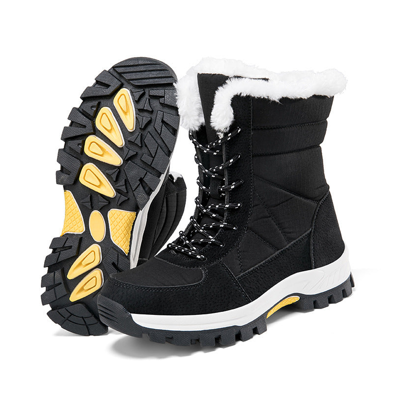 Black cotton-padded waterproof non-slip mid-calf snow boots with white faux fur lining and rubber sole