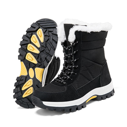Black cotton-padded waterproof non-slip mid-calf snow boots with white faux fur lining and rubber sole