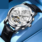 Waterproof luminous automatic mechanical men's wristwatch with black leather strap and silver dial