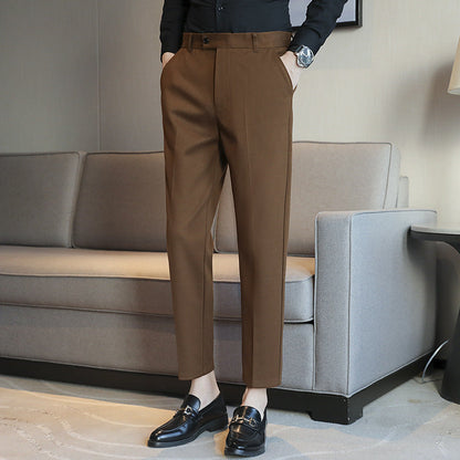 Straight retro brown slim fit casual corduroy pants with elastic waist and straight cut design