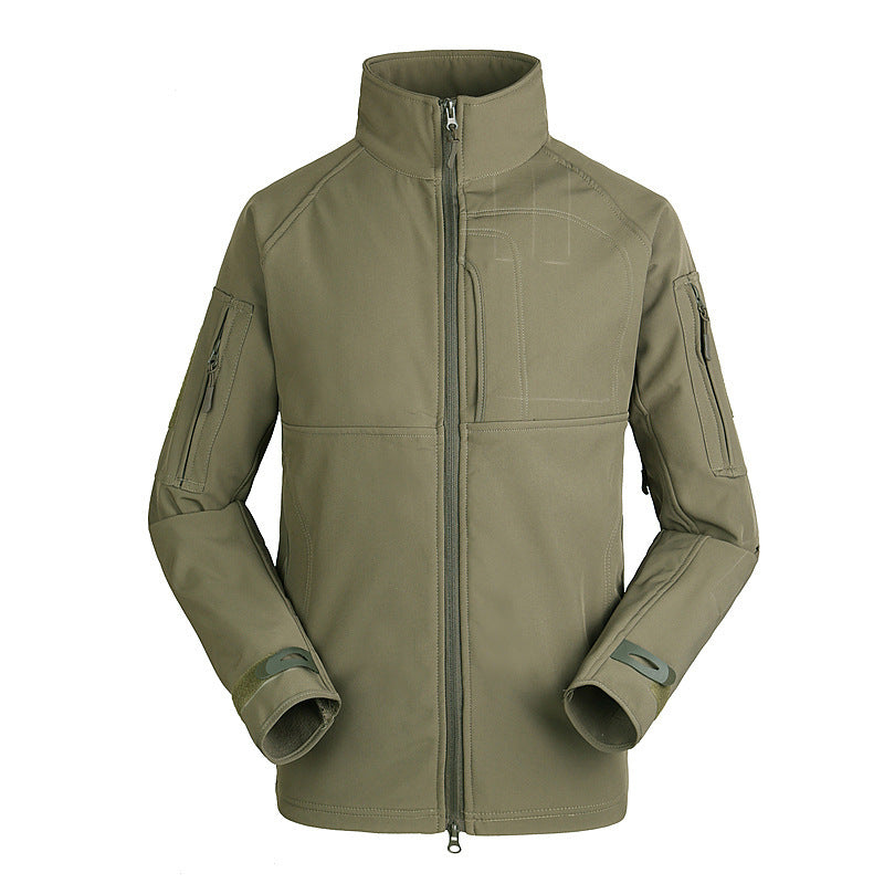 Men's olive green thin outdoor jacket coat with stand collar and front zipper, lightweight design for hiking and mountaineering
