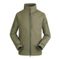Men's olive green thin outdoor jacket coat with stand collar and front zipper, lightweight design for hiking and mountaineering