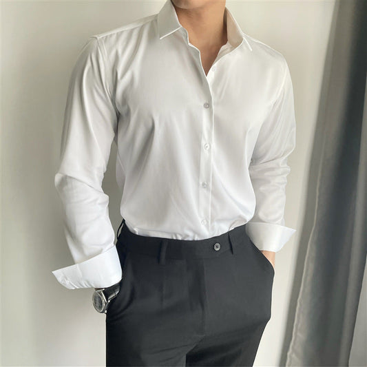 Men's spring and summer leisure slim fit white shirt with long sleeves and button-up front