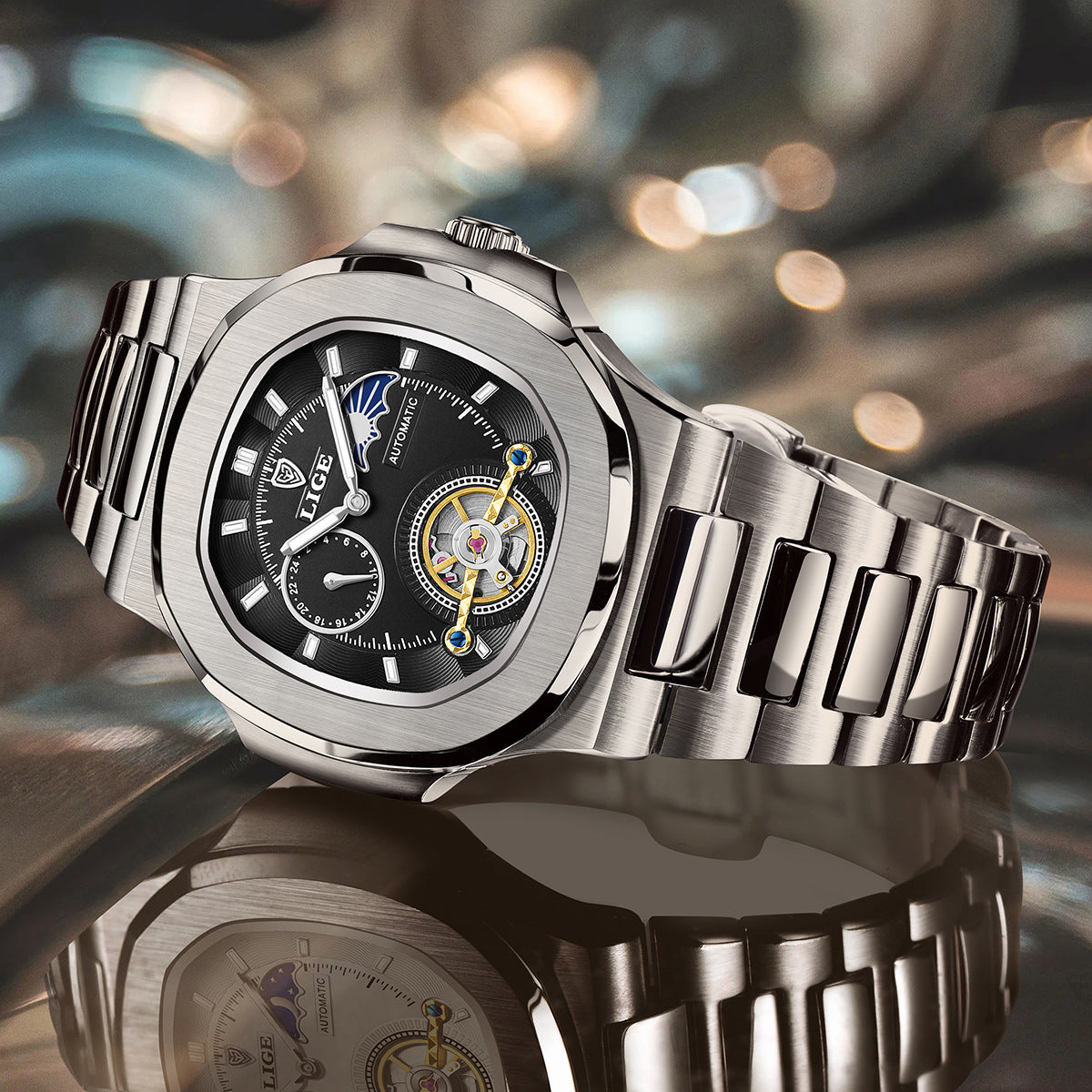 Men's Fashion Business silver stainless steel automatic mechanical watch with black dial and metal bracelet