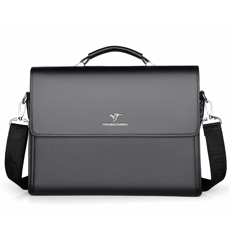 Black men's horizontal leather portable briefcase with handle and detachable shoulder strap