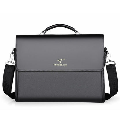 Black men's horizontal leather portable briefcase with handle and detachable shoulder strap