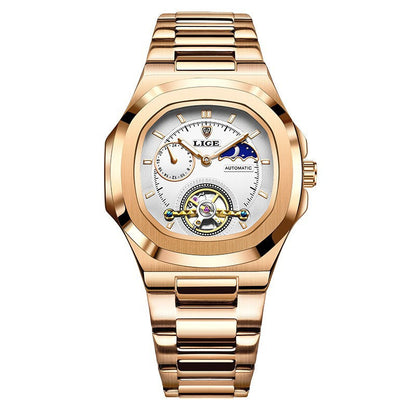 Men's Fashion Business automatic mechanical watch with gold stainless steel band and white dial