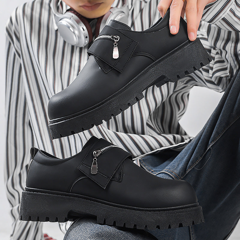 Casual new platform black leather shoes for men with zipper detail and thick non-slip sole