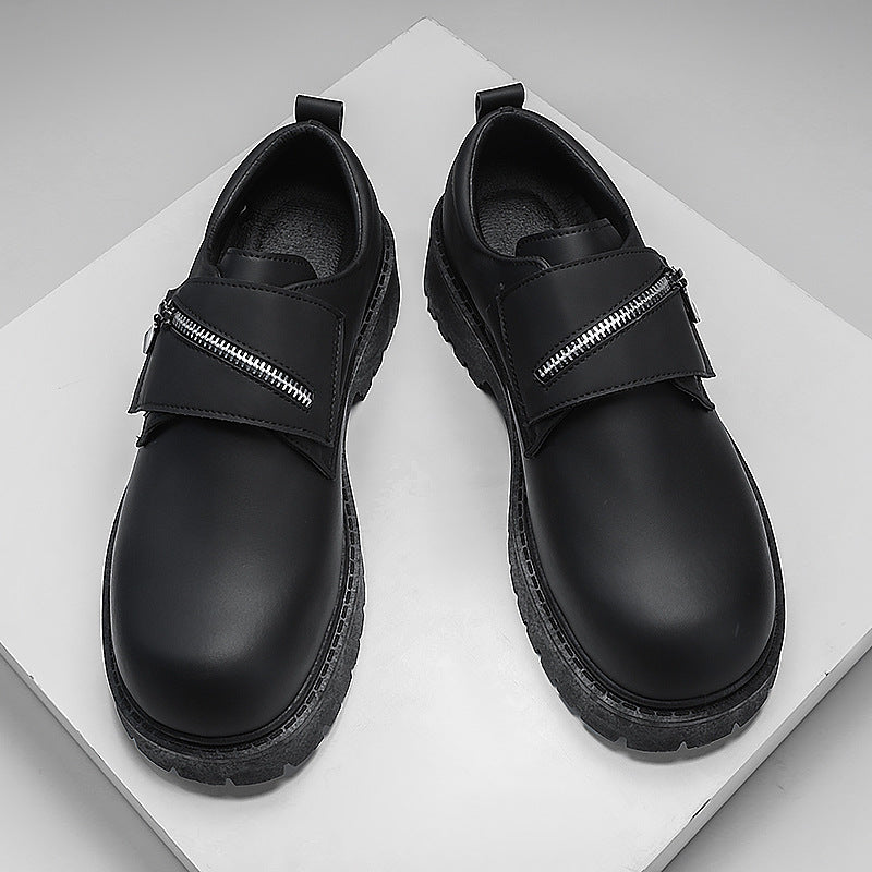 Black casual new platform leather shoes for men with low top design and zipper strap closure.