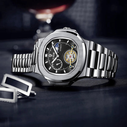 Men's Fashion Business automatic mechanical silver stainless steel watch with black dial and metal strap