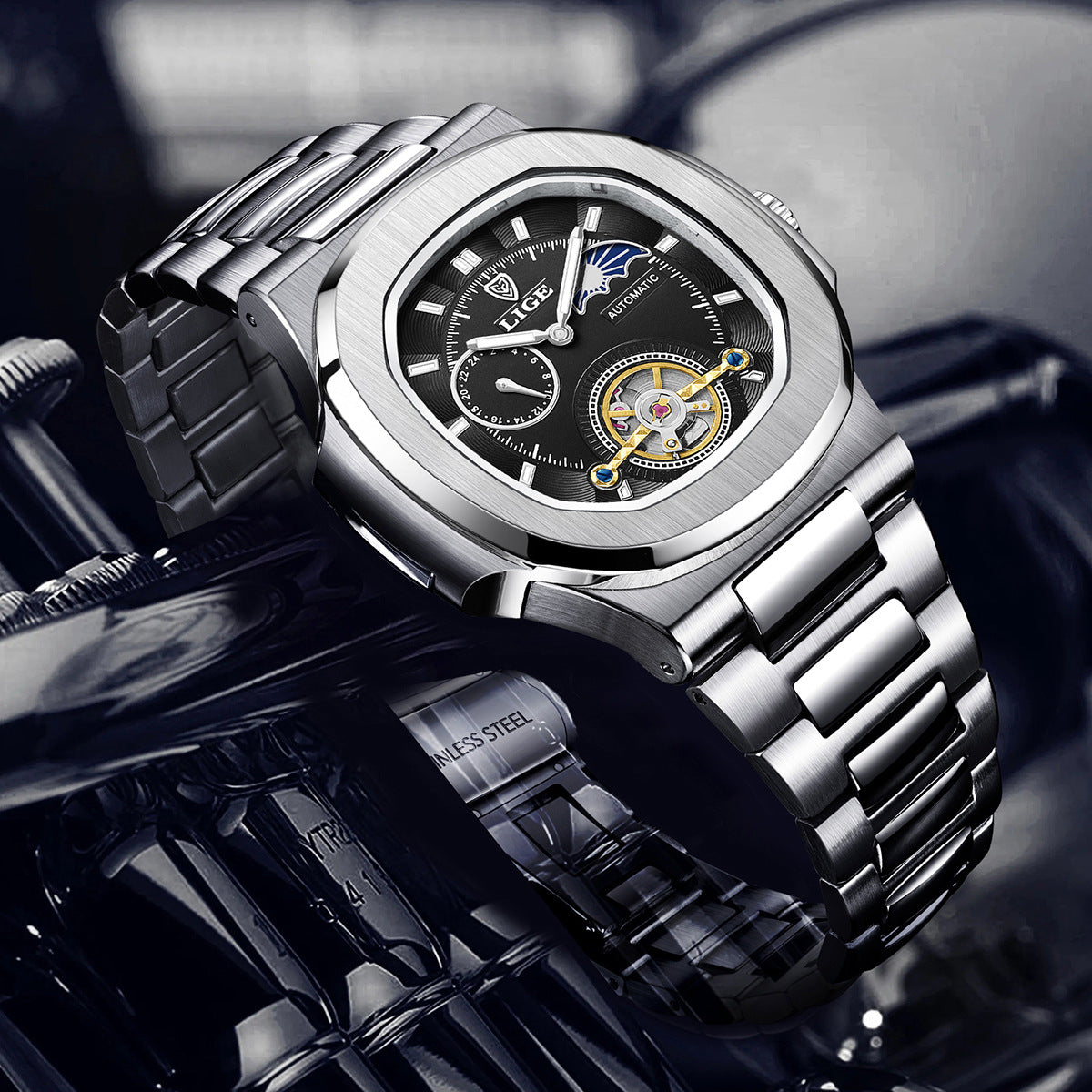 Silver stainless steel men's fashion business automatic mechanical watch with black dial and metal bracelet