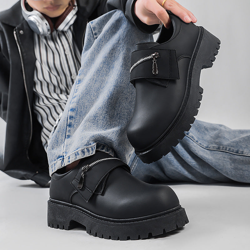 Casual new platform men's black leather shoes with zipper detail and thick non-slip sole