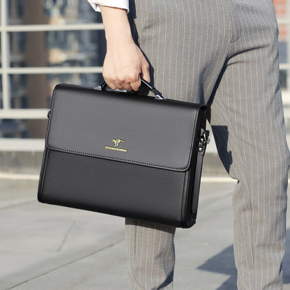 Men's horizontal black leather portable briefcase for business commute