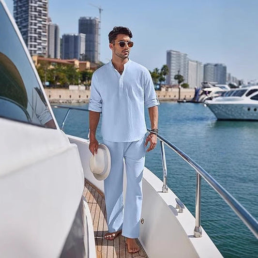 Man wearing sky blue solid color casual cotton long sleeve trousers suit on a yacht