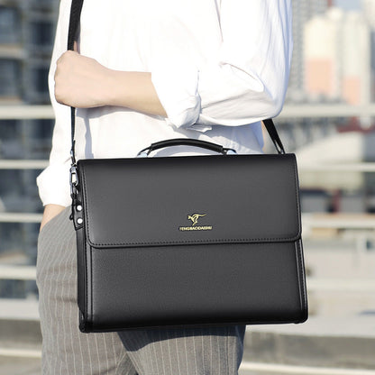Black men's horizontal leather portable briefcase with top handle and shoulder strap for business commute.
